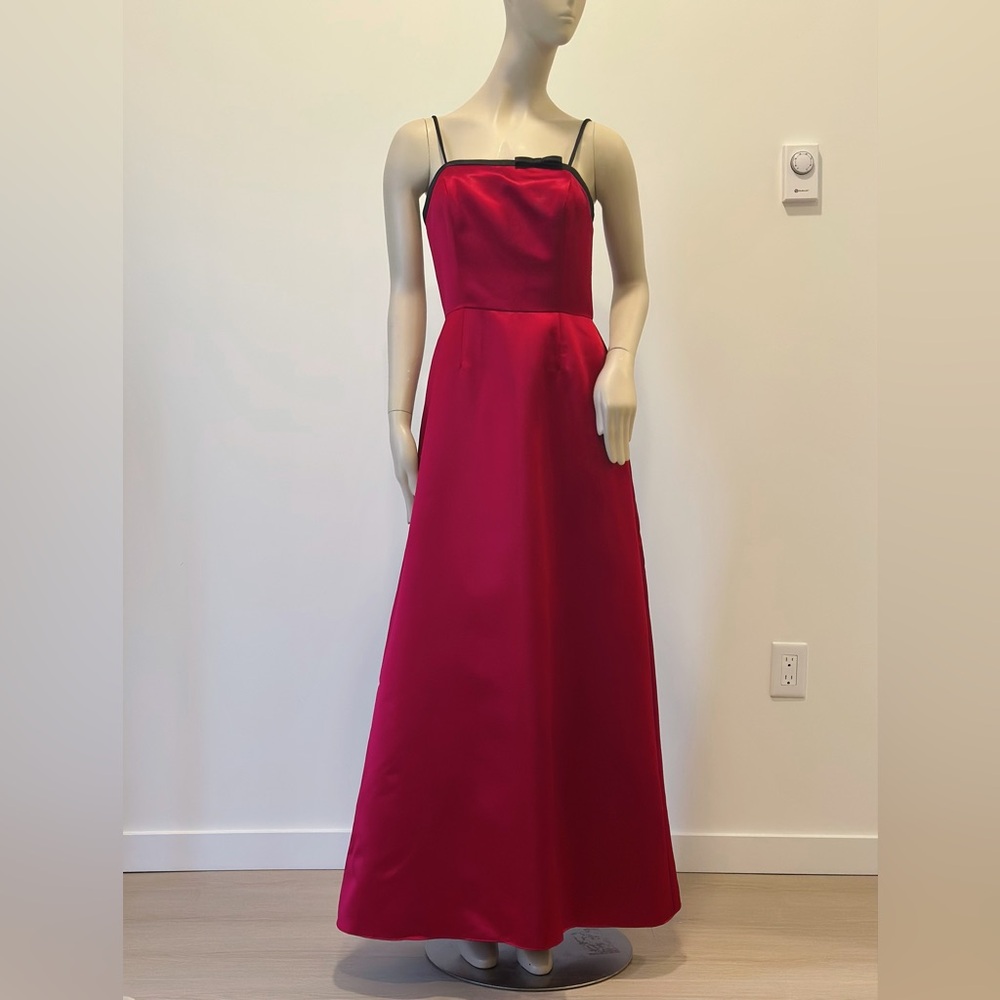 Bill Levkoff elegant vintage red satin gown with black trim accents